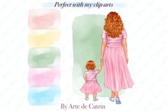 Mom and daughter in a pink dress on a watercolor background