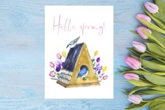 Watercolor Spring Birdhouse, family blue bird, pink tulip Product Image 3