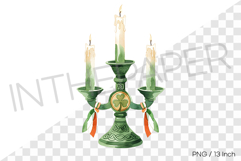 Green candle holder set with burning white candles PNG art Product Image 1