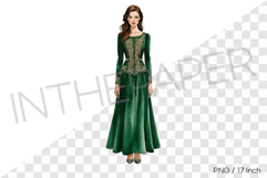 Full body of a elegant woman in long green dress PNG Clipart Product Image 1
