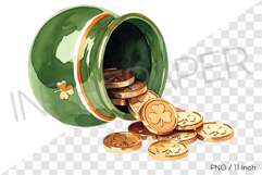 Celtic patterned jar overflowing with gold coins PNG Clipart Product Image 1