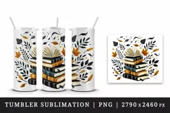 Watercolor stack of books swirling autumn winds orange leaves fall print 20 oz tumbler skinny mug wrap clipart t-shirt sublimation printable design