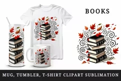 Watercolor stack of books swirling autumn winds orange leaves fall print 20 oz tumbler skinny mug wrap clipart t-shirt sublimation printable design