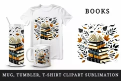 Watercolor stack of books swirling autumn winds orange leaves fall print 20 oz tumbler skinny mug wrap clipart t-shirt sublimation printable design