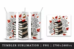 Watercolor stack of books swirling autumn winds orange leaves fall print 20 oz tumbler skinny mug wrap clipart t-shirt sublimation printable design