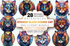 Watercolor Stained Glass Cosmic Cat Clipart Bundle Product Image 1