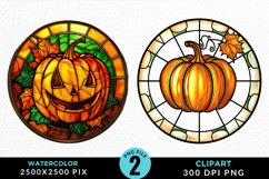Watercolor Stained Glass Pumpkins Art Clipart Product Image 1