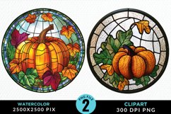 Watercolor Stained Glass Pumpkins Art Clipart Product Image 1