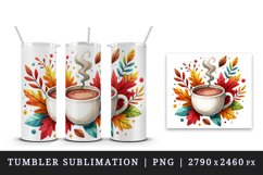 Watercolor steaming cup hot cocoa coffee tea colorful autumn leaves print 20 oz tumbler skinny mug wrap clipart t-shirt sublimation printable design