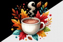 Watercolor steaming cup hot cocoa coffee tea colorful autumn leaves print 20 oz tumbler skinny mug wrap clipart t-shirt sublimation printable design