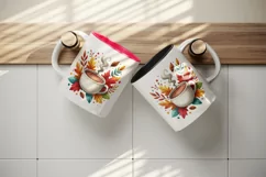 Watercolor steaming cup hot cocoa coffee tea colorful autumn leaves print 20 oz tumbler skinny mug wrap clipart t-shirt sublimation printable design