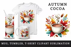 Watercolor steaming cup hot cocoa coffee tea colorful autumn leaves print 20 oz tumbler skinny mug wrap clipart t-shirt sublimation printable design