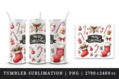 Watercolor stockings mistletoe candy canes greeting Merry Christmas quote 20 oz tumbler skinny mug wrap clipart t-shirt sublimation printable design