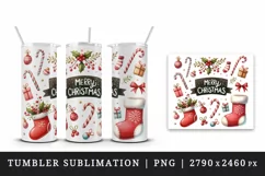 Watercolor stockings mistletoe candy canes greeting Merry Christmas quote 20 oz tumbler skinny mug wrap clipart t-shirt sublimation printable design