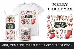 Watercolor stockings mistletoe candy canes greeting Merry Christmas quote 20 oz tumbler skinny mug wrap clipart t-shirt sublimation printable design