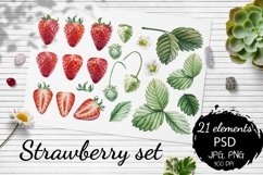 Watercolor strawberry (berries, half berries, leaves and flowers) realistic set. For summer berry compositions, sublimatons, paper craft, digital design and ads