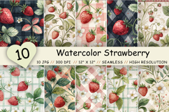 Watercolor Strawberry Gingham Paper, Seamless Digital Fruit Pattern Pack, Printable Scrapbook Paper, Summer Botanical Design Bundle