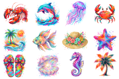 summer coastal clipart, beach clipart, ocean clipart, watercolor clipart, summer png, beach png, ocean png, tropical clipart, sea life clipart, marine animals png, watercolor ocean, seaside clipart, coastal design, beach theme, summer design, vacation cli