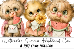 Watercolor Summer Highland Cow Clipart Product Image 1