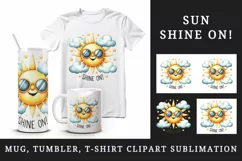 Watercolor sun sunglasses rays smile fluffy clouds Shine On quote print 20 oz tumbler skinny mug wrap clipart t-shirt sublimation printable design