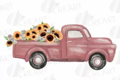 Watercolor sunflower & white roses floral pick up trucks png Product Image 3