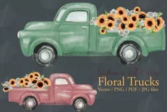 Watercolor sunflower & white roses floral pick up trucks png Product Image 2