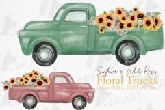 Watercolor sunflower & white roses floral pick up trucks png Product Image 1