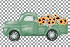 Watercolor sunflower & white roses floral pick up trucks png Product Image 13