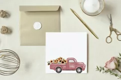 Watercolor sunflower & white roses floral pick up trucks png Product Image 12
