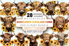 Watercolor Sunflower Highland Cows Collection Clipart Bundle Product Image 1