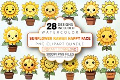 Watercolor Sunflower Kawaii Happy Face Clipart Bundle Product Image 1
