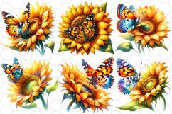 Watercolor Sunflower with Butterfly Clipart Bundle PNG