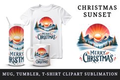 Watercolor sunset snow-covered mountains Merry Christmas greeting quote print tumbler skinny mug wrap clipart t-shirt sublimation printable design