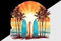 Watercolor surfboards sunset backdrop with palm trees ocean waves summer print tumbler skinny mug wrap clipart t-shirt sublimation printable design