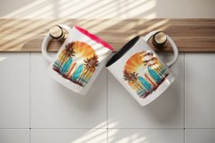 Watercolor surfboards sunset backdrop with palm trees ocean waves summer print tumbler skinny mug wrap clipart t-shirt sublimation printable design