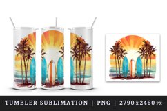 Watercolor surfboards sunset backdrop with palm trees ocean waves summer print tumbler skinny mug wrap clipart t-shirt sublimation printable design