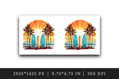 Watercolor surfboards sunset backdrop with palm trees ocean waves summer print tumbler skinny mug wrap clipart t-shirt sublimation printable design