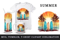 Watercolor surfboards sunset backdrop with palm trees ocean waves summer print tumbler skinny mug wrap clipart t-shirt sublimation printable design