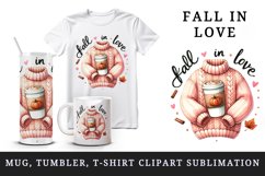 Watercolor sweater cup pumpkin spice latte coffee Fall in Love quote autumn print 20 oz tumbler skinny mug wrap clipart t-shirt sublimation printable design