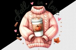 Watercolor sweater cup pumpkin spice latte coffee Fall in Love quote autumn print 20 oz tumbler skinny mug wrap clipart t-shirt sublimation printable design