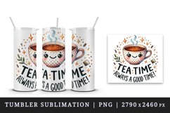 Watercolor tea kettle cup teacup with steam bag leaves tea lover quote print 20 oz tumbler skinny mug wrap clipart t-shirt sublimation printable png