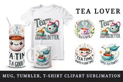 Watercolor tea kettle cup teacup with steam bag leaves tea lover quote print 20 oz tumbler skinny mug wrap clipart t-shirt sublimation printable png