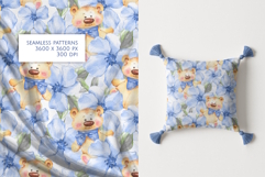 Watercolor Teddy Bear and Blue Flowers Seamless Pattern Product Image 1