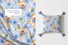 Watercolor Teddy Bear and Blue Flowers Seamless Pattern Product Image 1
