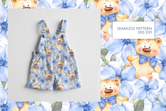 Watercolor Teddy Bear and Blue Flowers Seamless Pattern Product Image 2