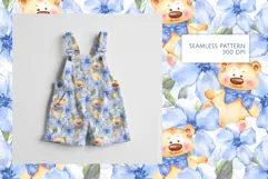 Watercolor Teddy Bear and Blue Flowers Seamless Pattern Product Image 2