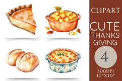 Thanksgiving watercolor clipart set featuring pumpkin pie, sweet potatoes, bread rolls, and casserole dish, 4 PNG illustrations