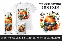 Watercolor Thanksgiving pumpkin scarf cocoa leaves Warm Wishes quote Fall print 20 oz tumbler skinny mug wrap clipart sublimation printable design png