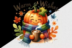 Watercolor Thanksgiving pumpkin scarf cocoa leaves Warm Wishes quote Fall print 20 oz tumbler skinny mug wrap clipart sublimation printable design png