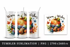 Watercolor Thanksgiving pumpkin scarf cocoa leaves Warm Wishes quote Fall print 20 oz tumbler skinny mug wrap clipart sublimation printable design png